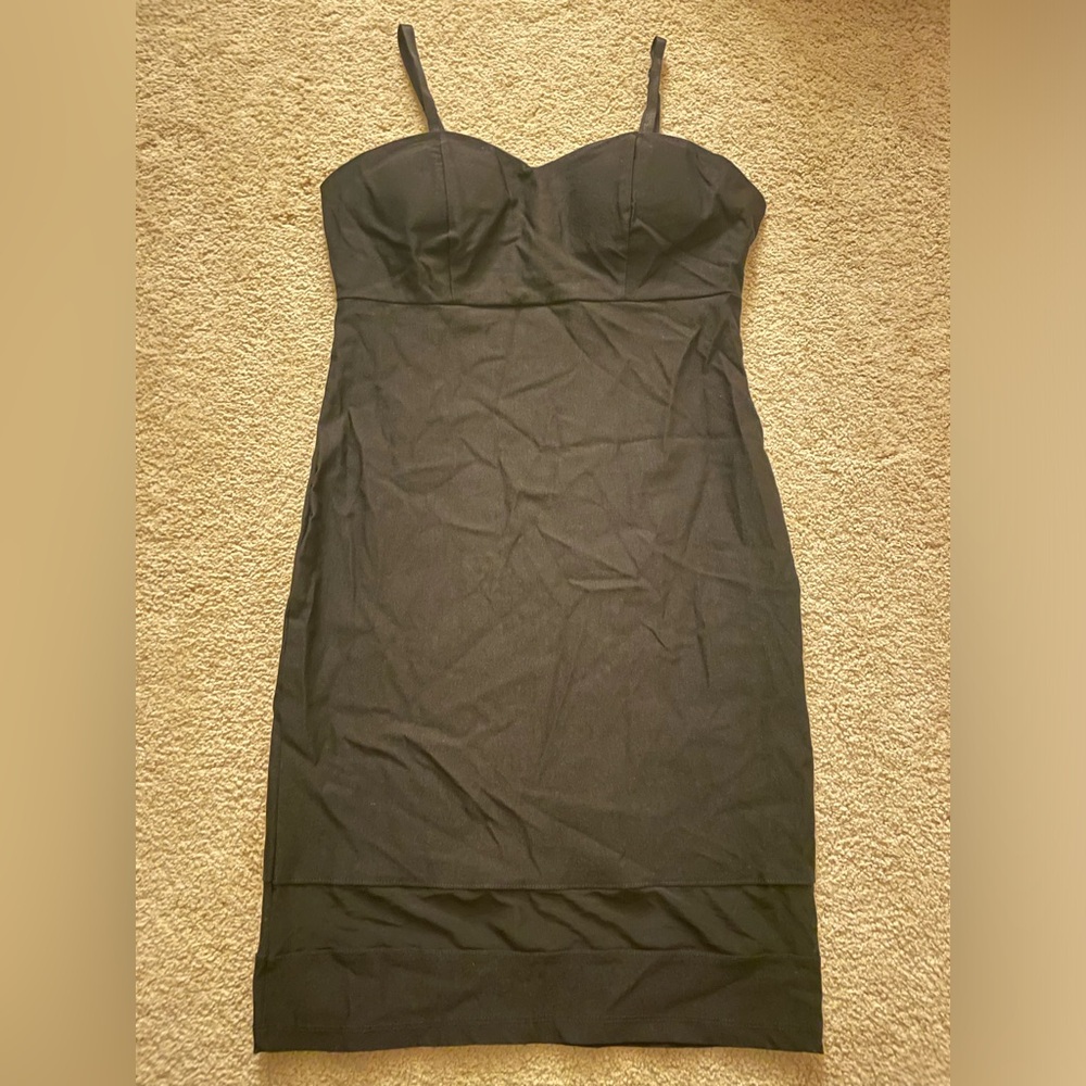 Black Fashion Nova fitted dress with mesh lining at bottom